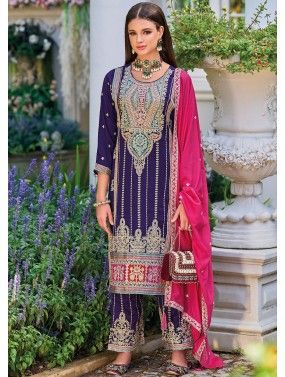 Purple Readymade Embroidered Art Silk Pant Suit