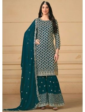 Blue Embroidered Gharara Suit Set