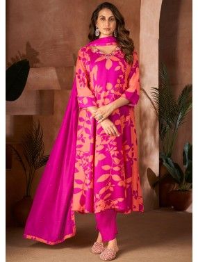 Pink Printed Anarkali Suit Set