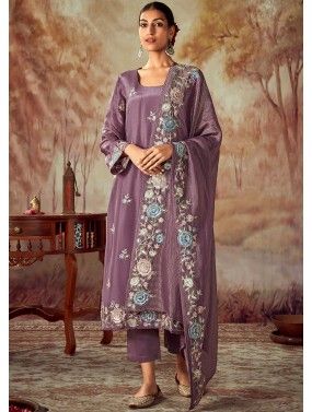 Purple Georgette Embroidered Slit Style Pant Suit Latest 3616SL02