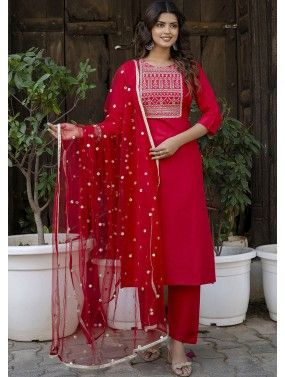 Red Embroidered Readymade Pant Suit In Rayon