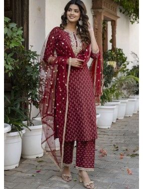 Red Georgette Embroidered Pant Suit Set 4681SL01