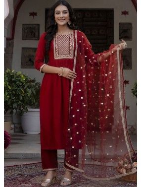 Red Embroidered Readymade Rayon Pant Suit 