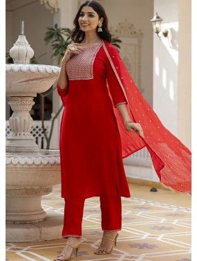 Red Embroidered Readymade Rayon Pant Suit Set