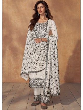White Embroidered Readymade Pant Suit In Art Silk