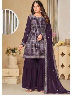Purple Embroidered Gharara Suit Set