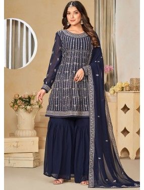 Blue Embroidered Gharara Suit Set