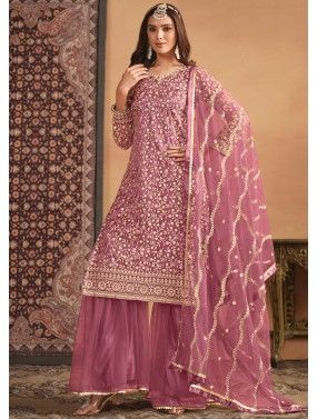 Pink Embroidered Pant Suit Set In Net 4933SL04