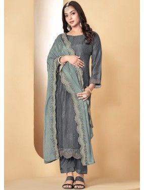 Grey Pant Suit In Thread Embroidery