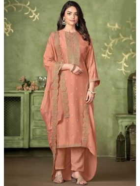 Peach Embroidered Pant Suit In Muslin