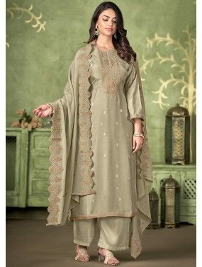 Green Flared Readymade Palazzo Suit In Silk 4119SL02