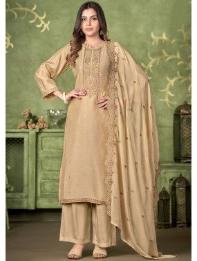 Beige Embroidered Muslin Pant Suit Set