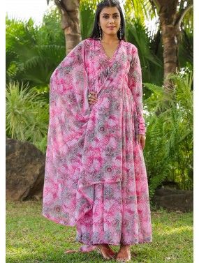 Pink Floral Printed Anarkali Suit Set