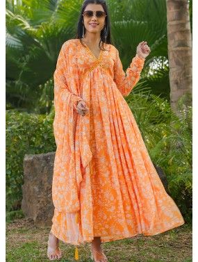 Orange Floral Printed Anarkali Suit Set