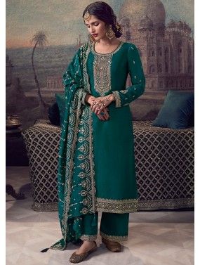 Teal Blue Embroidered Straight Cut Pant Suit