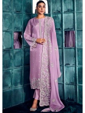 Purple Embroidered Suit Set In Art Silk