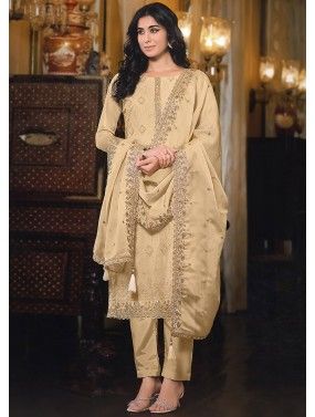 Beige Embroidered Organza Pant Suit