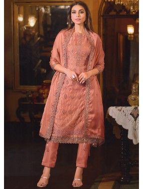 Peach Zari Embroidered Organza Pant Style Suit