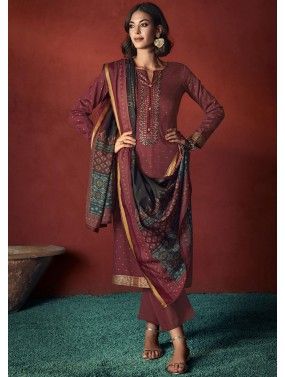 Brown Thread Embroidered Pant Suit Set