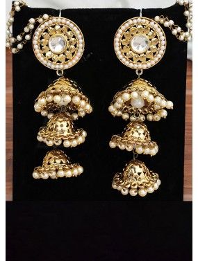 White Beads & Stone studded Jhumka Earrings