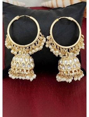 Golden Stone & Beads Work Jhumka Earrings