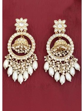 White Kundan & Beads Work Dangler Earrings