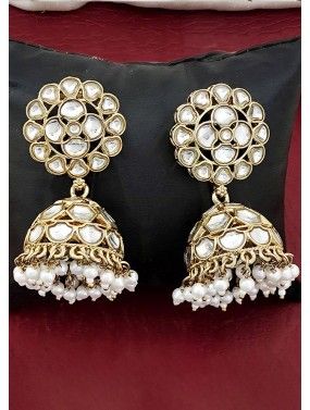 Kundan & Beads Work Jhumka Earrings In White