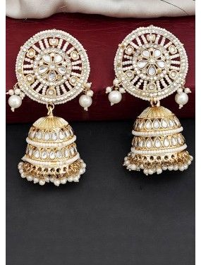 White Jhumka Earrings Kundan & Beads Work