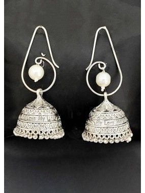 Silver Embossed Jhumka Earrings 