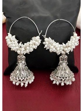 Silver Embossed Dangler Earrings In Beads Work