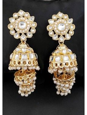 White Beads & Kundan studded Jhumka Earrings