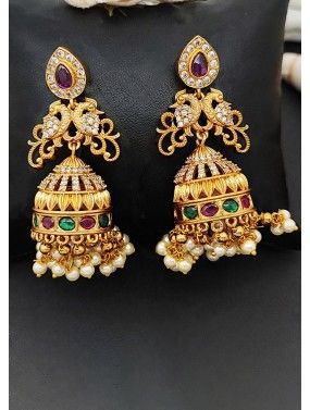 Golden Jhumka Earrings In Stone & Beads Work