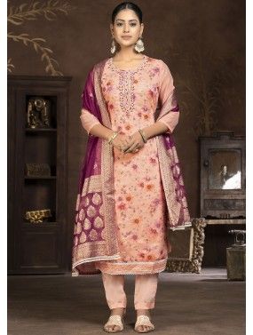 Peach Embroidered Suit Set In Art Silk