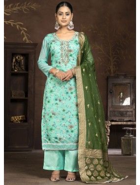 Turquoise Floral Printed Suit Set In Art Silk