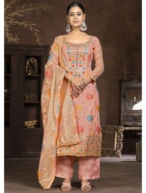 Peach Zari Woven Suit Set In Banarasi Silk