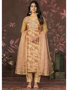 Golden Embroidered Suit Set In Organza