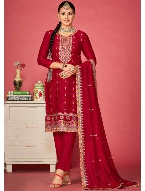 Red Thread Embroidered Pant Suit In Art Silk