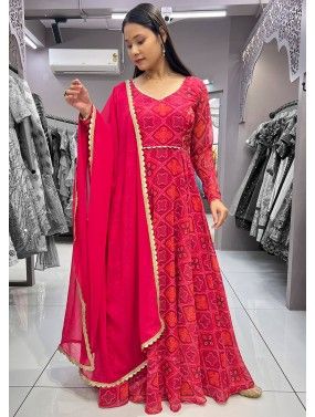 Readymade Pink Bandhej Print Anarkali Suit