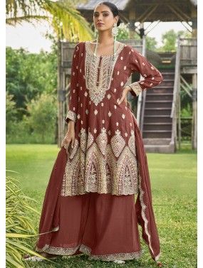 Brown Readymade Embroidered Flared  Style Sharara Suit Set