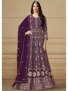 Purple Thread Embroidered Anarkali Suit In Georgette