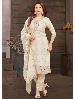 Cream Embroidered Pant Suit Set