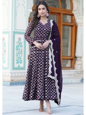 Purple  Readymade Embroidered Anarkali Suit In Georgette