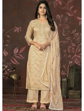 Beige Embroidered Palazzo Suit In Rayon