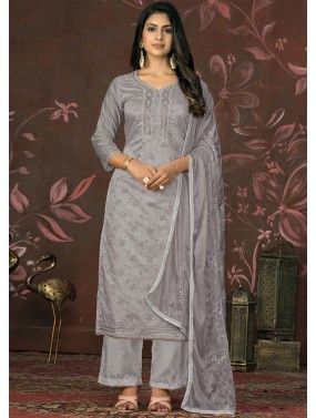 Grey Embroidered Rayon Palazzo Suit