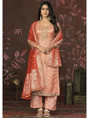 Peach Zari Woven Banarasi Silk Palazzo Suit
