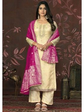 Cream Banarasi Silk Woven Palazzo Suit