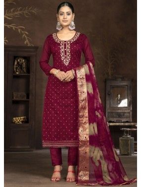 Maroon Stone Embellished Pant Suit In Art Silk
