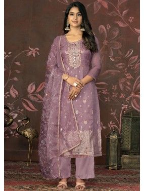 Light Purple Embroidered Organza Pant Suit
