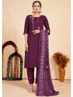 Purple Readymade Embroidered Suit Set In Rayon