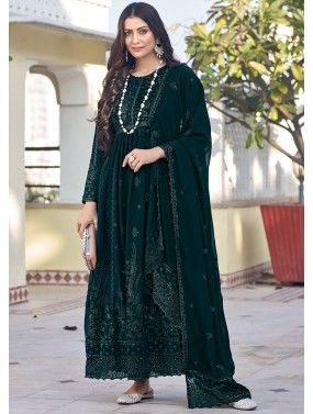Teal Green Thread Embroidered Anarkali Suit